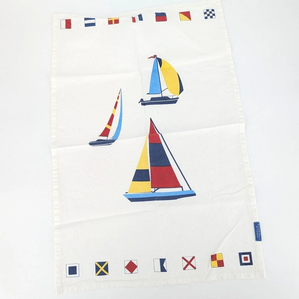 Nautical Sailboat Tea Towels Stonewall Bon Voyage Flags Set of 2 White 18x28